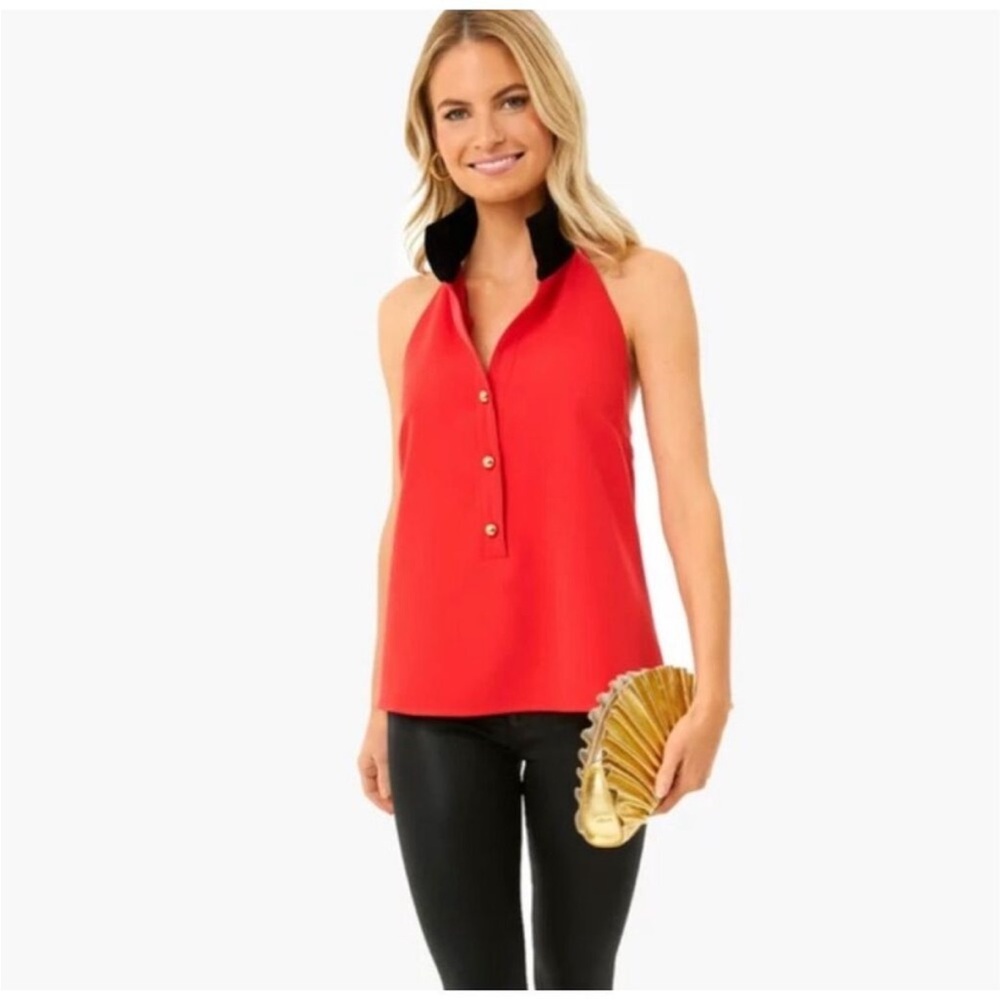 Tuckernuck Jagger Poppy Red/Black Knit Gold Button Halter Top Small